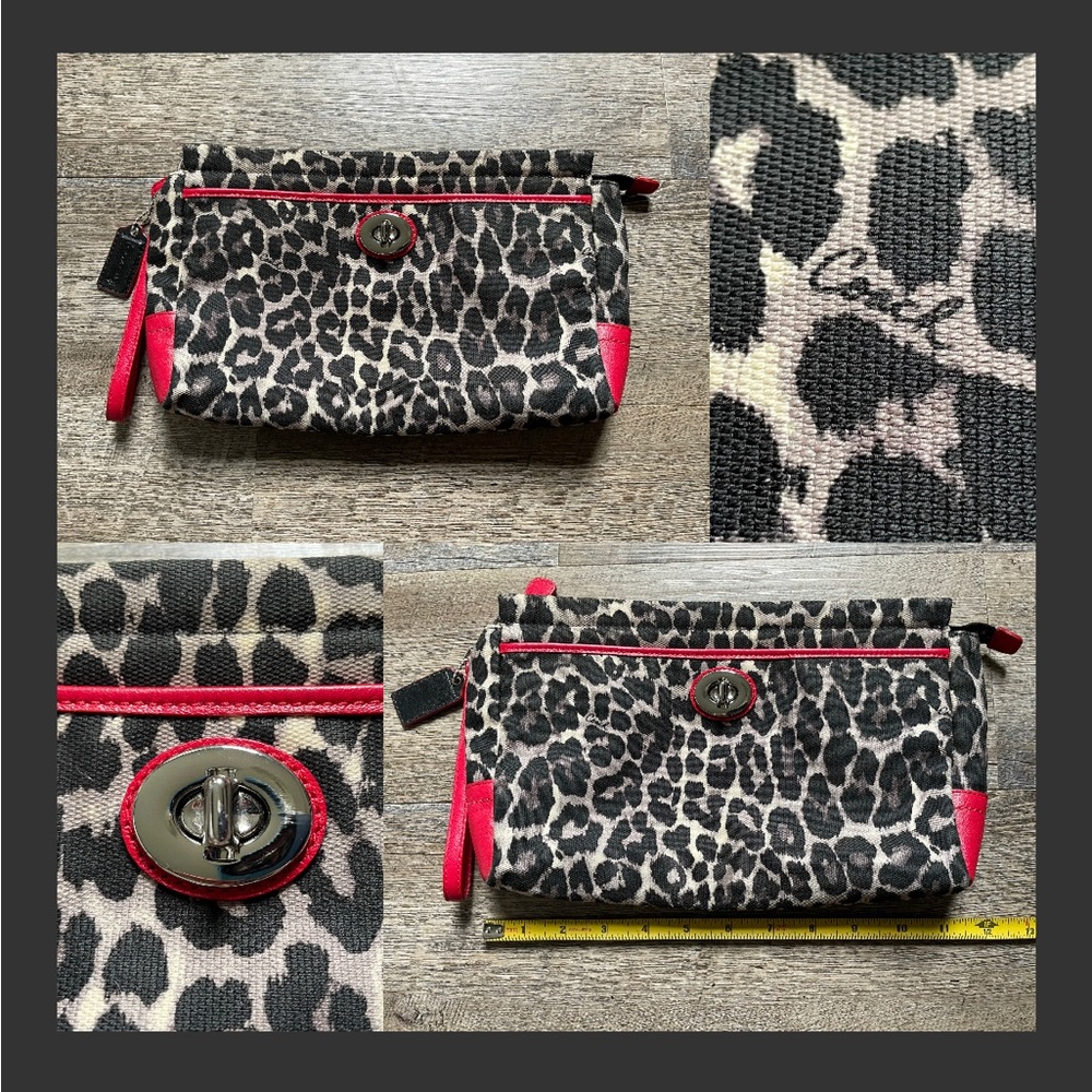 Coach wristlet clutch purse leopard print canvas style black red leather trim